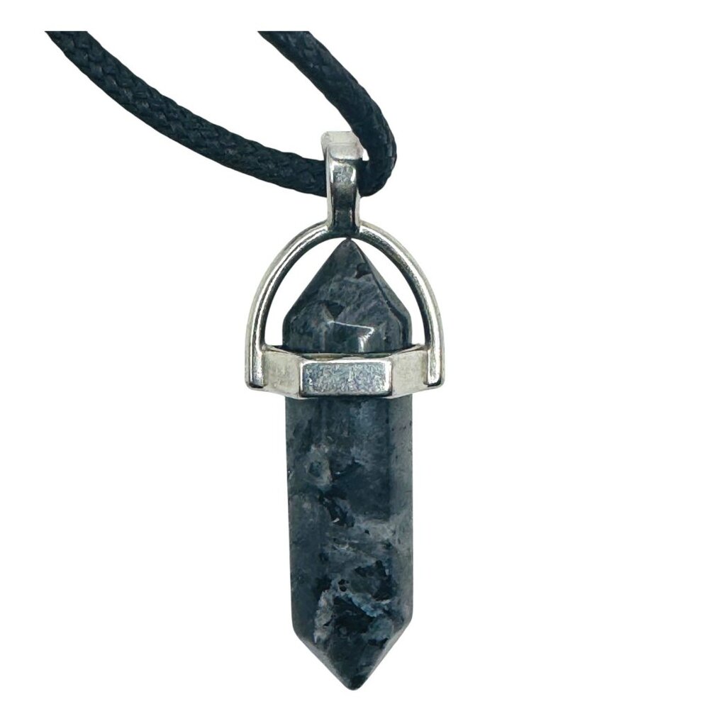 Black Labradorite Pendant Necklace With Adjustable Chain & Faux Leather Cord